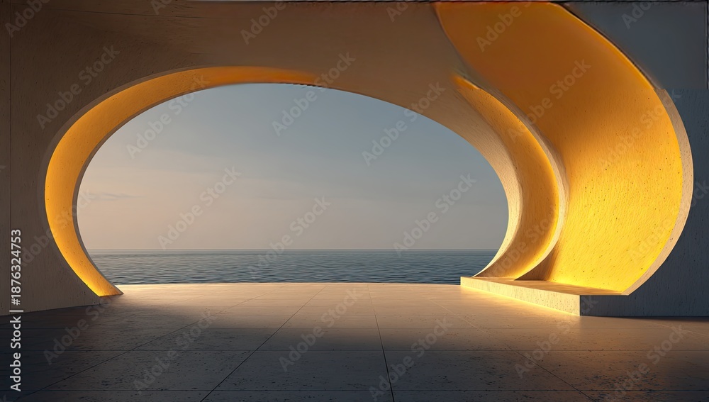 Obraz premium Modern architectural structure with curved openings, ocean view, and warm lighting