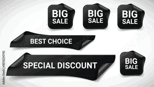 Black sale ribbons and banners displaying promotional offers and best choice options