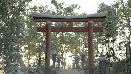 Old snow covered natural path in front of torii gate and stone lantern in the evening sunlight. Concept ancient Japanese Shrine