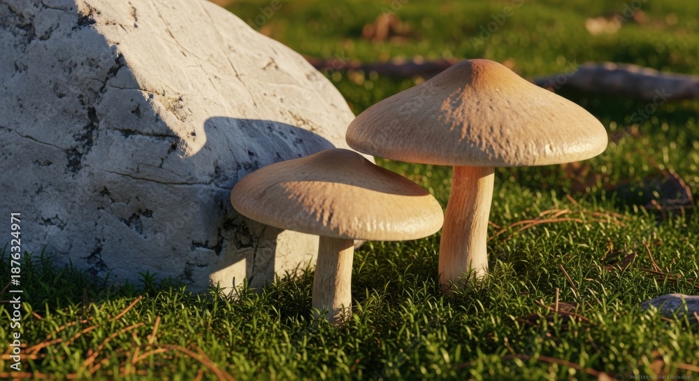 Fototapeta premium Pair of Wild Mushrooms Flourishing beside a Boulder in Sunny Grassland – High-Detail 3D Nature Visualization for Ecology.