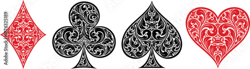 Ornate Artistic Playing Card Suits Collection Featuring Diamond, Club, Spade, Heart with Decorative Swirling Patterns in Elegant Red and Black