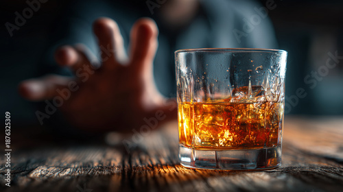 Glass of whiskey on wooden table with blurred hand reaching in background symbolizing temptation, addiction and self control struggle