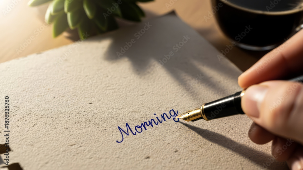 Fototapeta premium Morning Writing with Coffee Notebook Pen Hand. Concept featuring morning, writing, notebook, coffee, pen.