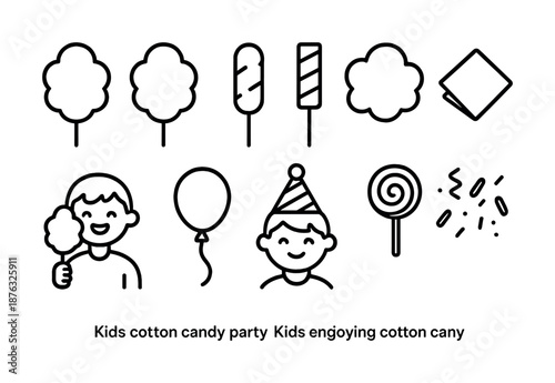 Kids enjoying cotton candy party with balloons and lollipops icons