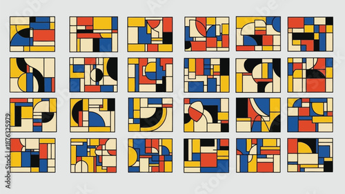 A grid of abstract geometric art pieces in primary colors and neutral tones