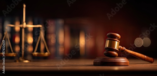 Close-up of gavel and scales of justice, blurred background of bookshelves, warm, inviting tones
