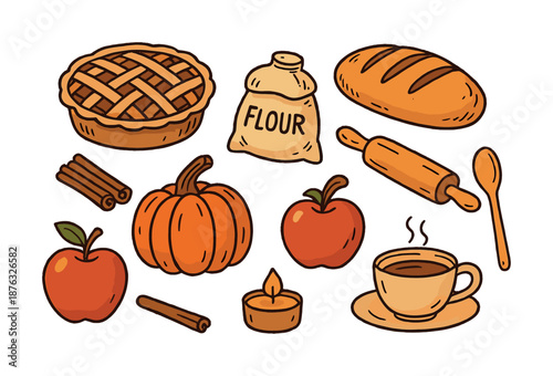 Autumn baking essentials with apples, pumpkin, and freshly baked bread