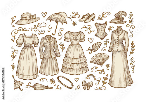 Vintage victorian fashion collection with dresses and accessories