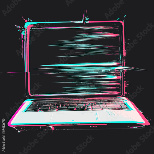 Glitch effect digital laptop computer with distorted screen and 3D anaglyph style glitch art on dark background vector illustration