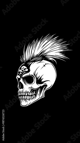 Detailed monochrome skull with mohawk hairstyle and tribal tattoo in black and white vector illustration for edgy punk and gothic design concept
