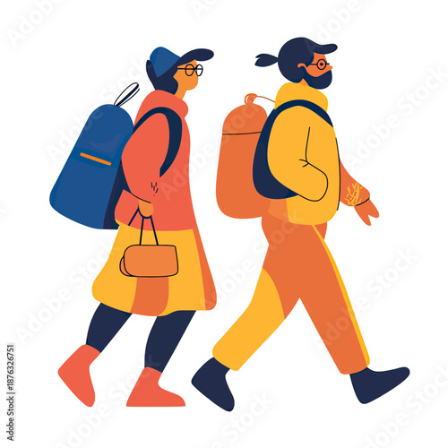 Stylized flat vector illustration of two travelers walking with backpacks and casual autumn clothes in profile view on white background