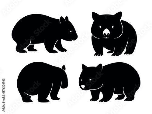 Silhouette of four wombats in different poses - black and white vector illustration