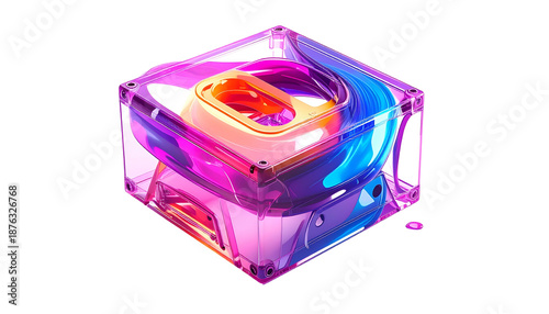 A translucent, geometric cube with vibrant, flowing color gradients inside