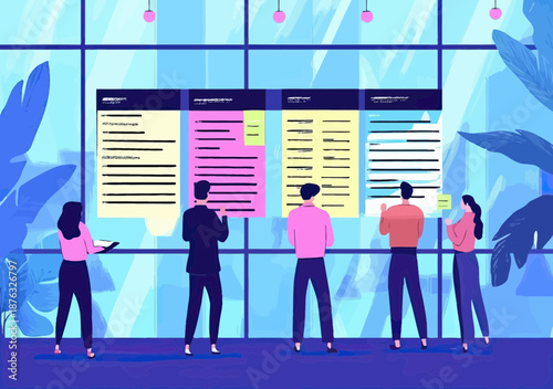 Business people collaborating on project planning and task management using colorful kanban board in modern office workspace illustration