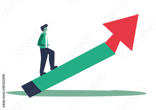 Businessman standing on large green arrow with red tip symbolizing growth progress and upward financial success concept vector illustration