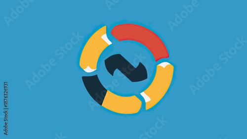 Abstract colorful circular segmented infographic with arrow shapes and central number two on blue background, flat minimalist vector design for technology or business concept