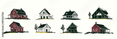 Collection of hand drawn rustic farmhouse sketches with barn and countryside houses in minimalist flat vector style set of eight rural homes illustrations