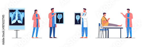 Doctor analyzing chest x-ray and lung images diagnosing respiratory infection with patient consultation in clinic flat vector illustration