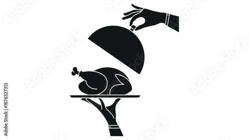 A black and white illustration of a roasted turkey being served