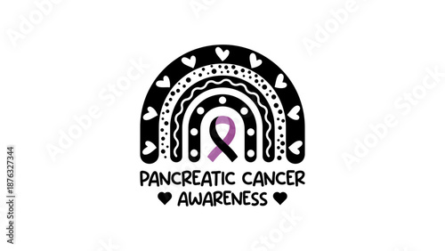 A logo for Pancreatic Cancer Awareness with a purple ribbon