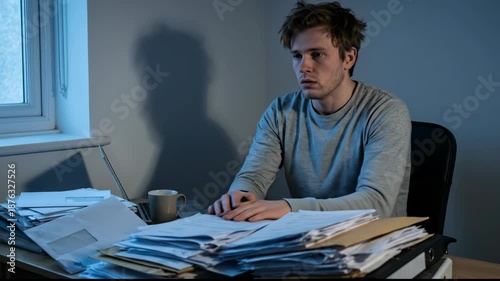 Overwhelmed Young Adult Sitting at Cluttered Desk with Papers and Cup, Stressed by Piles of Paperwork, Head in Hands by Window