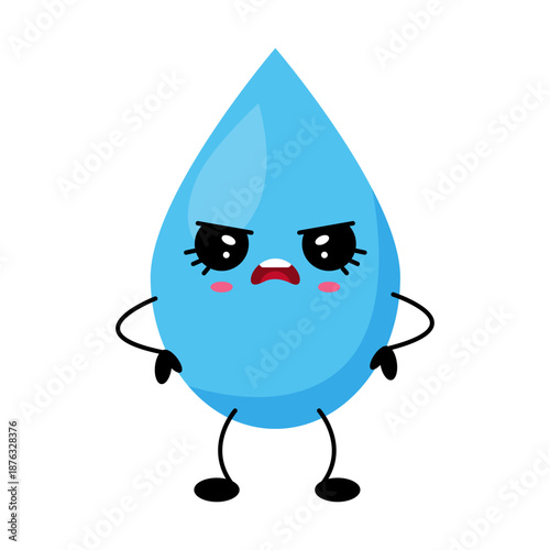 Cute blue water drop character with angry facial expression in kawaii cartoon style. Funny emotional illustration isolated on white background for stickers and kids design.