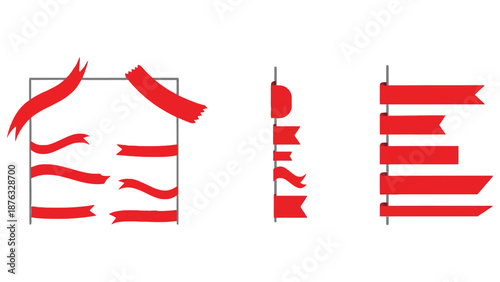 A graphic design element featuring red ribbons and banners on a white background