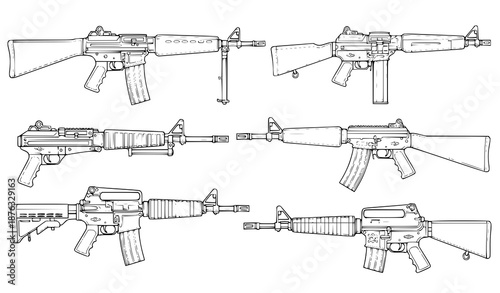 Vintage twentieth century military firearms vector illustration set in monochrome style