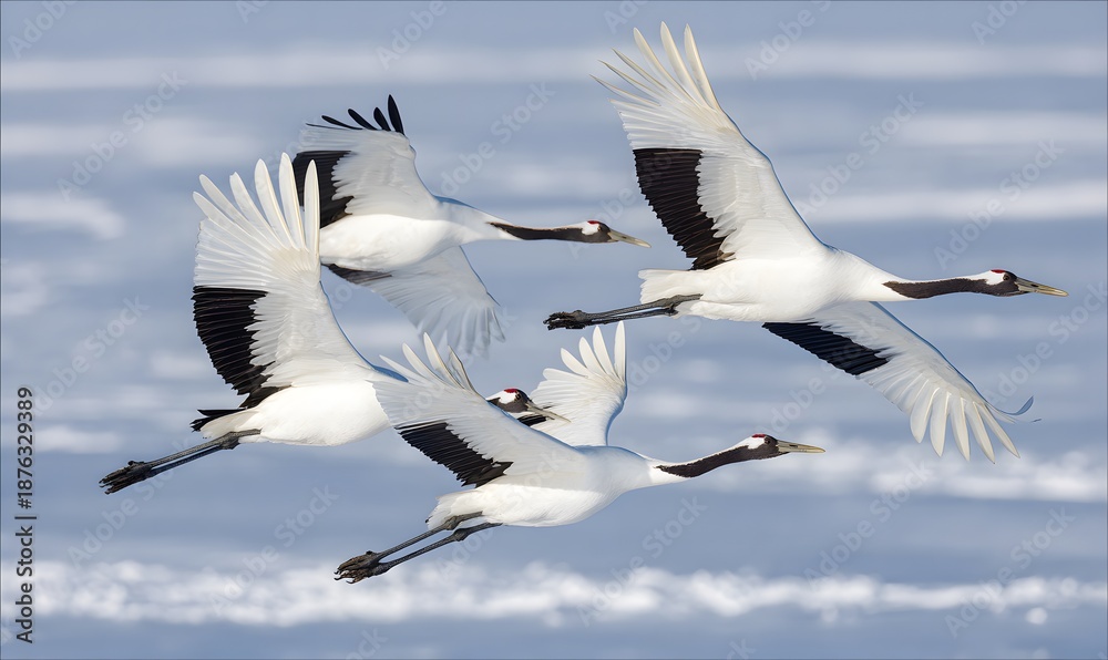 Obraz premium red-crowned cranes flying in a clear V-formation, formation perfectly readable from above