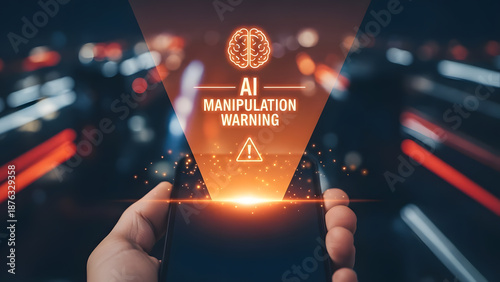 Artificial intelligence manipulation warning brain icon smartphone hand city street danger alert cyber security threat risk misinformation fake machine