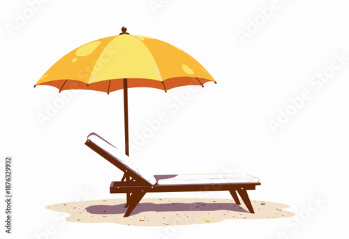 Illustration of a Sunlit Beach Scene Featuring a Wooden Deck Chair and a Large Yellow Umbrella Casting Shade on White Sand