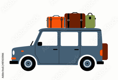 Illustrative depiction of a vintage van loaded with colorful luggage on the roof symbolizing travel, adventure, and road trips in a minimalistic style