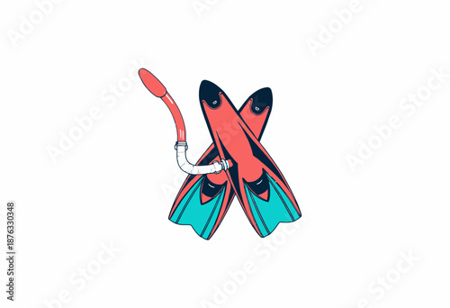 Vibrant Cartoon Illustration of Snorkeling Gear Featuring Colorful Flippers and Snorkel Set Against a Clean White Background