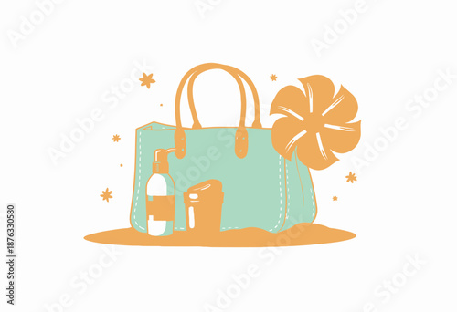 Stylish Beach Tote with Sun Protection Essentials: Sunscreen, Lotion, and Vibrant Flower for a Perfect Summer Day