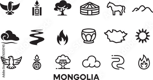 Mongolia icon set: asian culture symbols collection for travel guide and map design elements