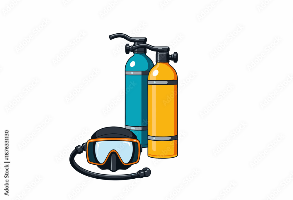 Obraz premium Illustration of Scuba Diving Gear with Colorful Oxygen Tanks and Mask for Underwater Exploration Adventures