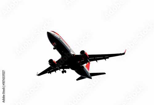 High-contrast image of a commercial passenger airplane ascending in a clear sky, showcasing the aircraft's sleek design against a minimalistic background