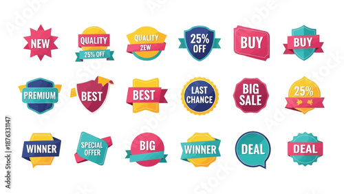 Colorful collection of various promotional sale badges and discount labels