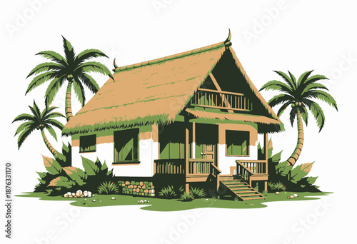 Charming Tropical Bungalow with Thatched Roof Nestled Amidst Lush Palm Trees and Verdant Foliage Illustrating a Serene Island Retreat