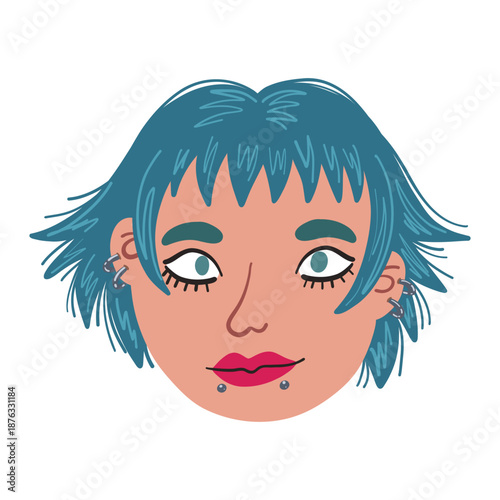 doodle style young person with blue hair and piercings on their face stares at viewer. background is white, bringing attention to their features