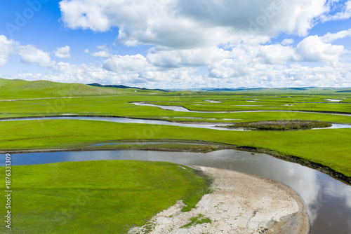 Tablou pe pânză Aerial view magnificent scenery of the meandering rivers in the Hulunbuir Grassl