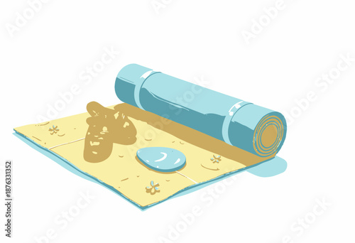 Illustration of a serene beach scene featuring a pastel-colored mat with sandals and a small rock resting peacefully on a sandy surface adorned with tiny flowers