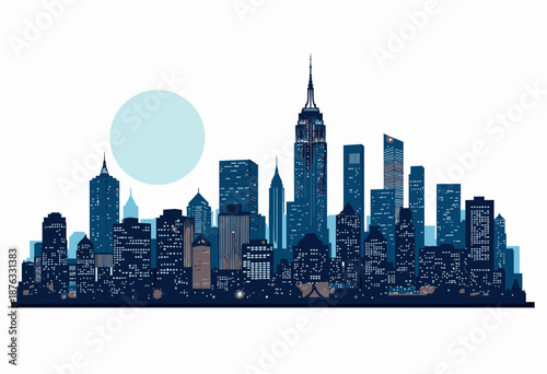 Majestic Urban Skyline Silhouette Under the Soft Glow of a Full Moon, Featuring Diverse Architectural Designs of Modern Skyscrapers Against a Clear Night Sky