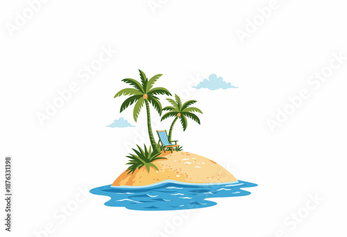 Tranquil Tropical Island with Palm Trees and Relaxing Beach Chair Surrounded by Crystal Clear Blue Waters Under Bright Sky