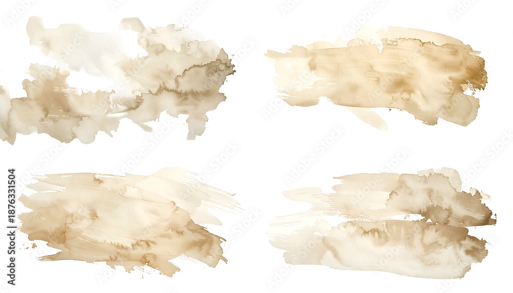 Fototapeta premium Four irregular watercolor brushstrokes in tan and brown hues against a black backdrop