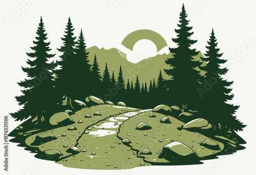 Scenic Landscape Illustration Featuring Forest Path Amidst Towering Trees with Mountain and Sun in Background