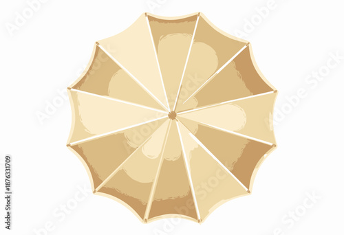 Top-down view of a beige outdoor patio umbrella providing shade with a symmetrical design, showcasing alternating light and dark fabric panels under bright daylight