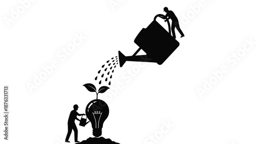 Two silhouetted people nurture a growing lightbulb plant with watering can symbolizing innovation and growth