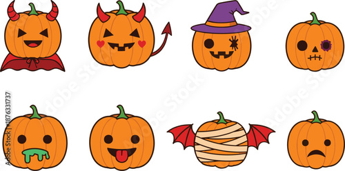 Set of cute Halloween pumpkin vector illustrations featuring jack-o-lantern characters dressed as a devil, witch, mummy, vampire, and various spooky emoji faces.