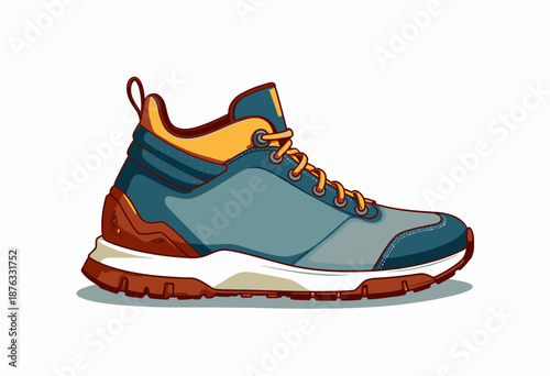 Detailed Illustration of a Modern Blue and Orange Athletic Sneaker with Robust Sole Design for Outdoor Activities